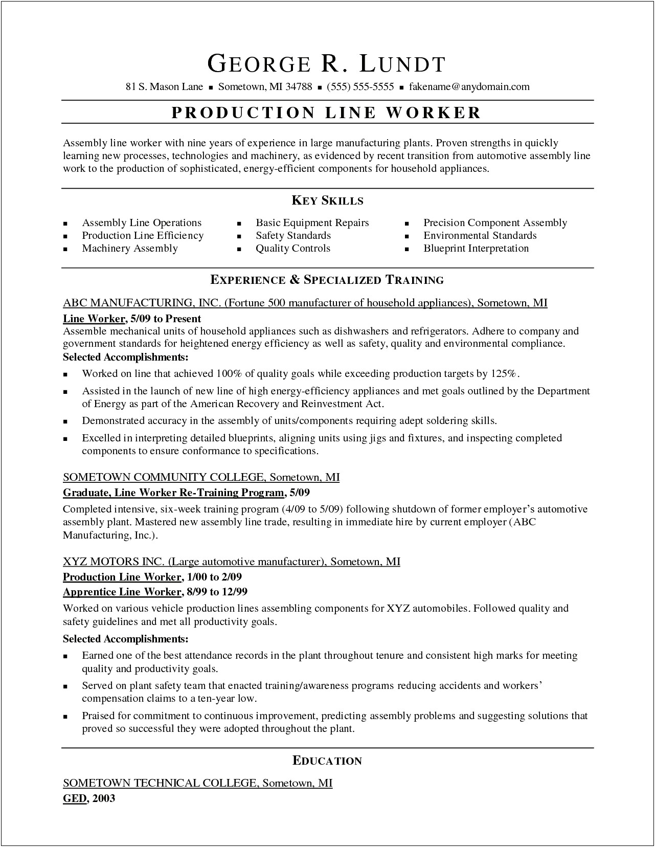 Resume Objective For Assembly Line Worker
