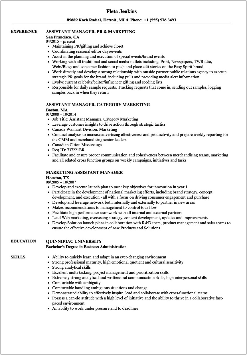 Resume Objective For Assistant Brand Manager
