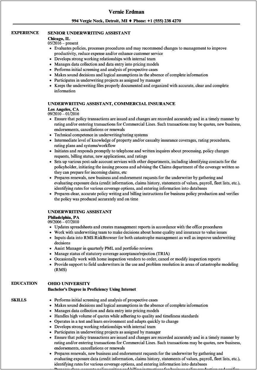 Resume Objective For Associate Underwriter Position