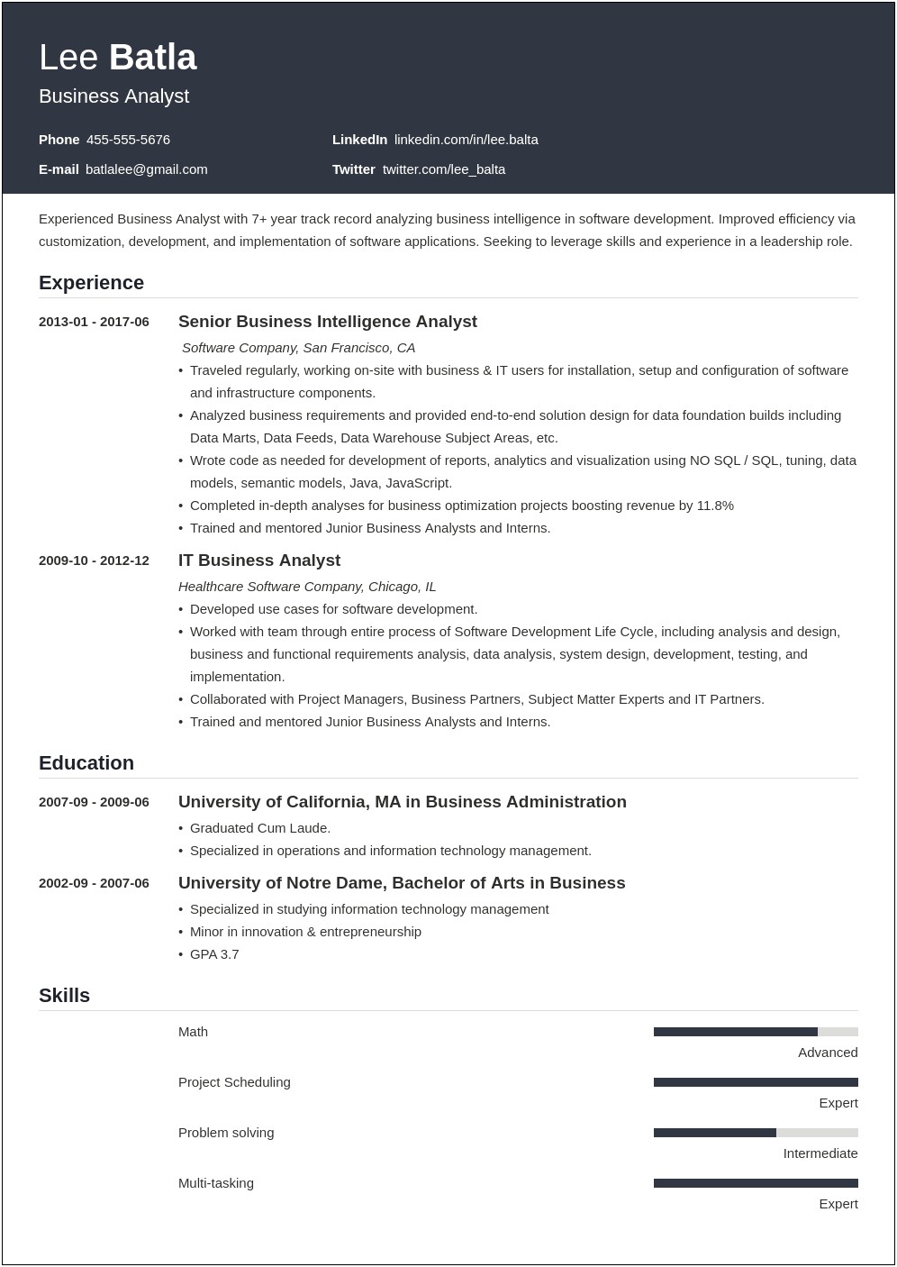 Resume Objective For Business Analyst Position