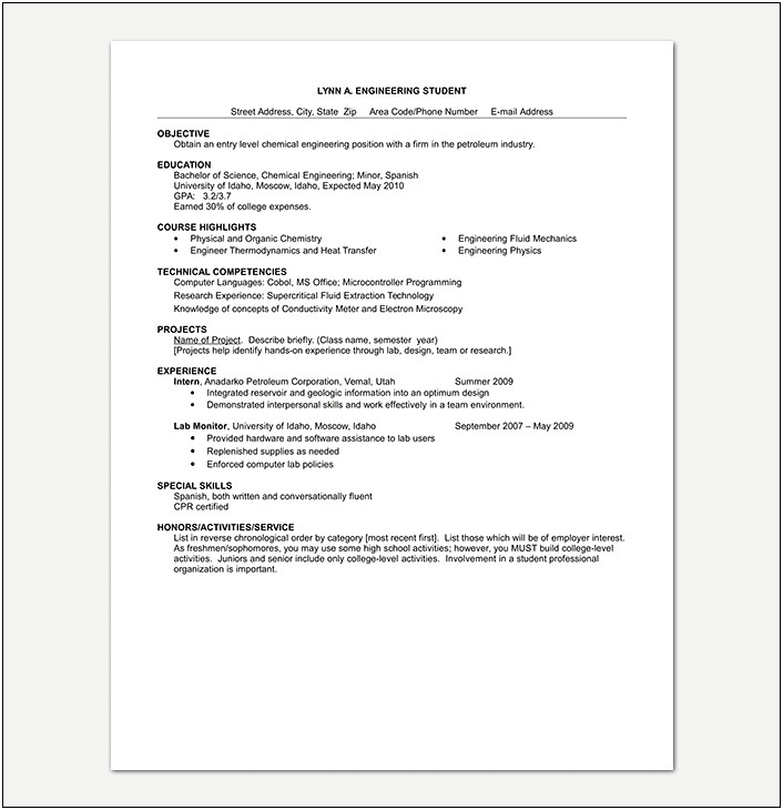 Resume Objective For Chemical Engineer Internship
