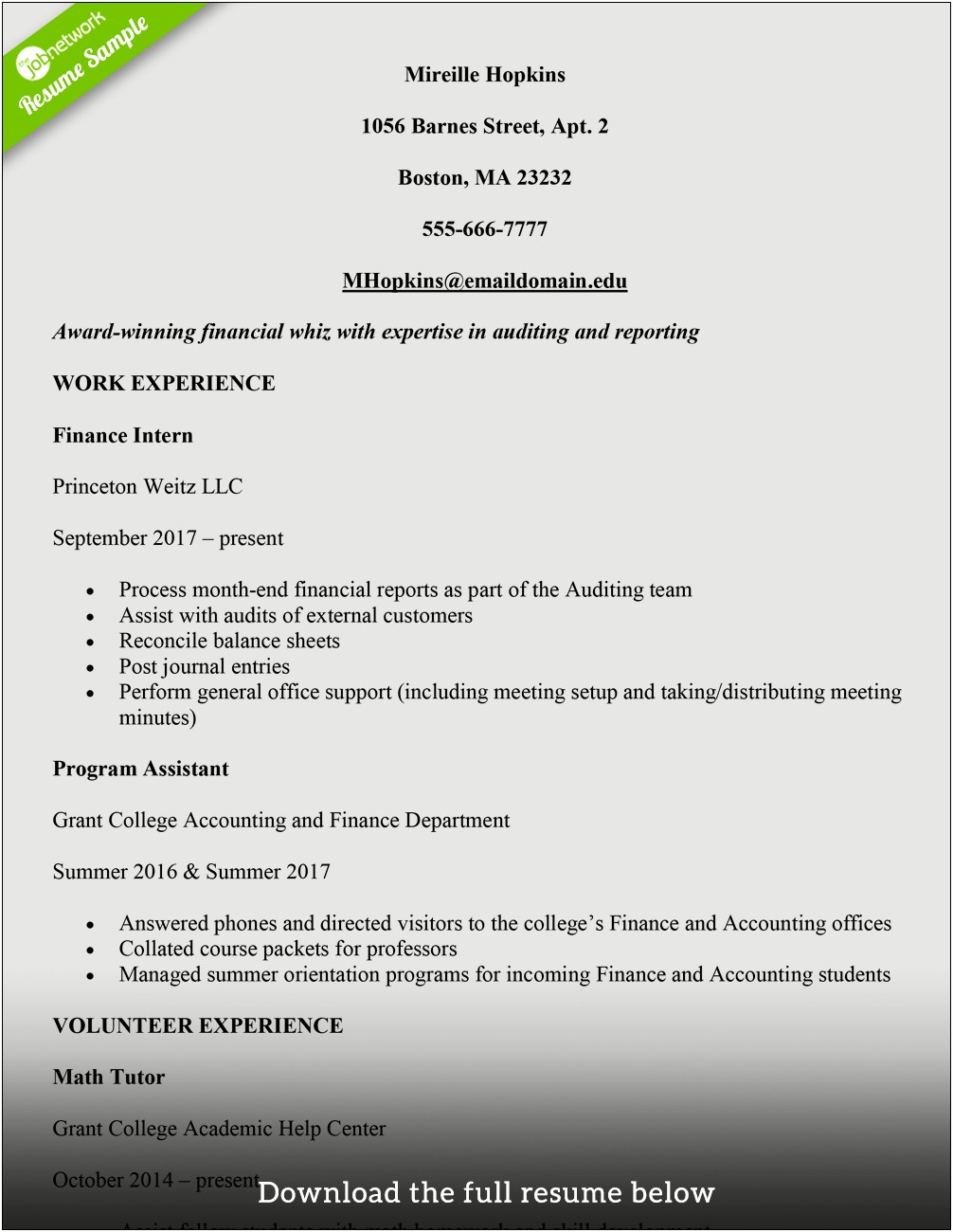 Resume Objective For College Student Summer Job