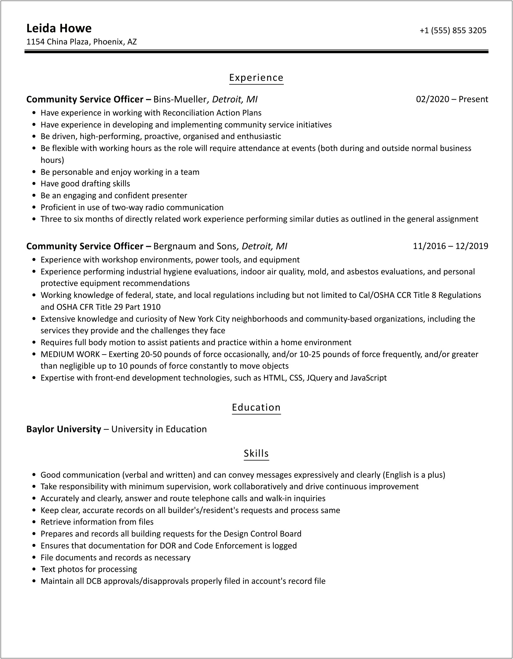 Resume Objective For Community Service Officer
