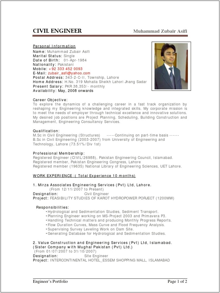 Resume Objective For Construction Field Engineer