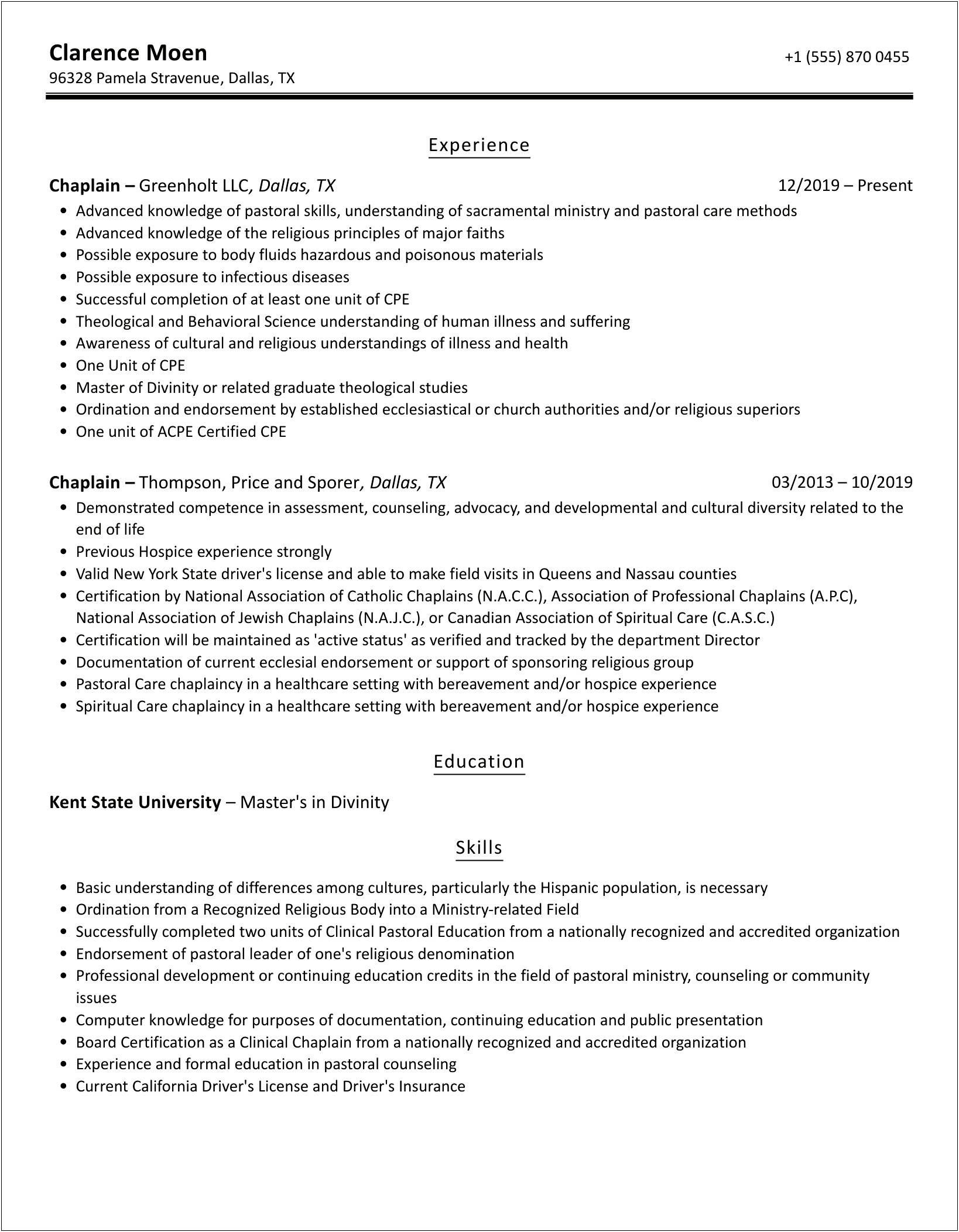 Resume Objective For Cpe Chaplain Internship Position