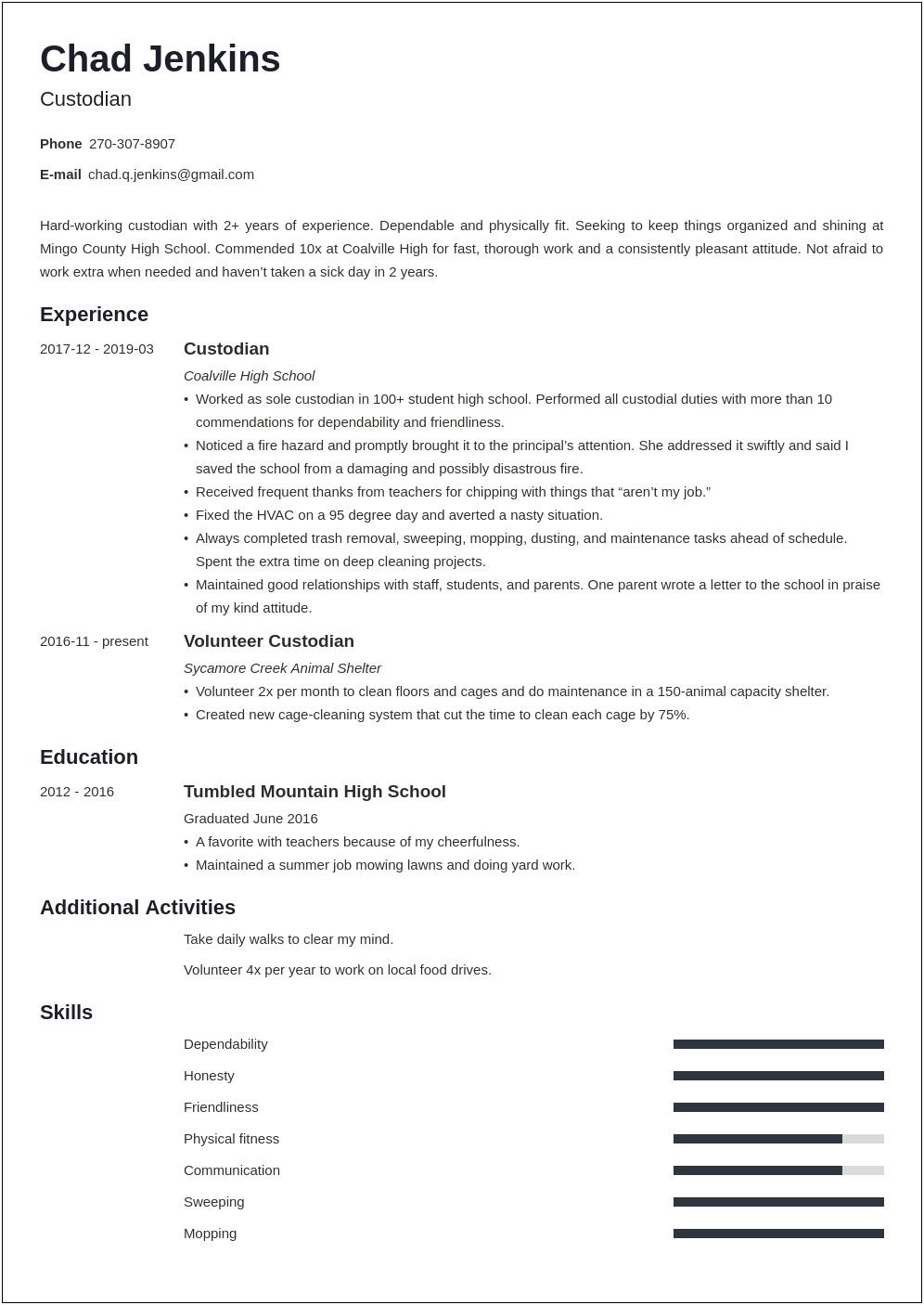 Resume Objective For Custodian And Cafe