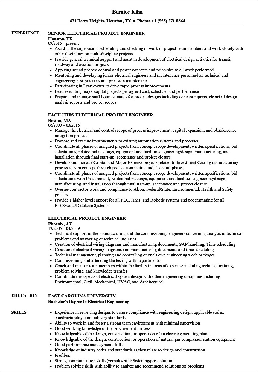 Resume Objective For Electrical Project Engineer