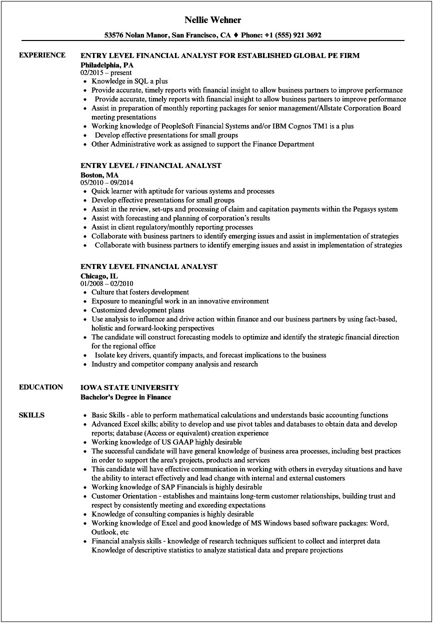 Resume Objective For Entry Level Financial Analyst
