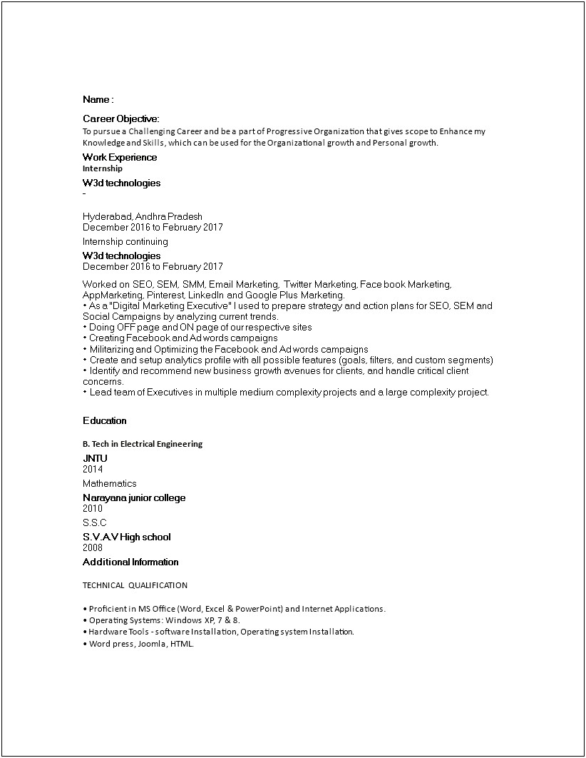 Resume Objective For Entry Level Marketing Position