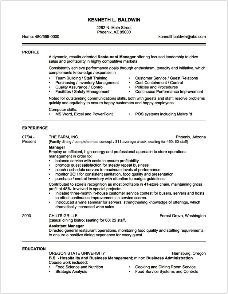 Resume Objective For Food And Beverage Server