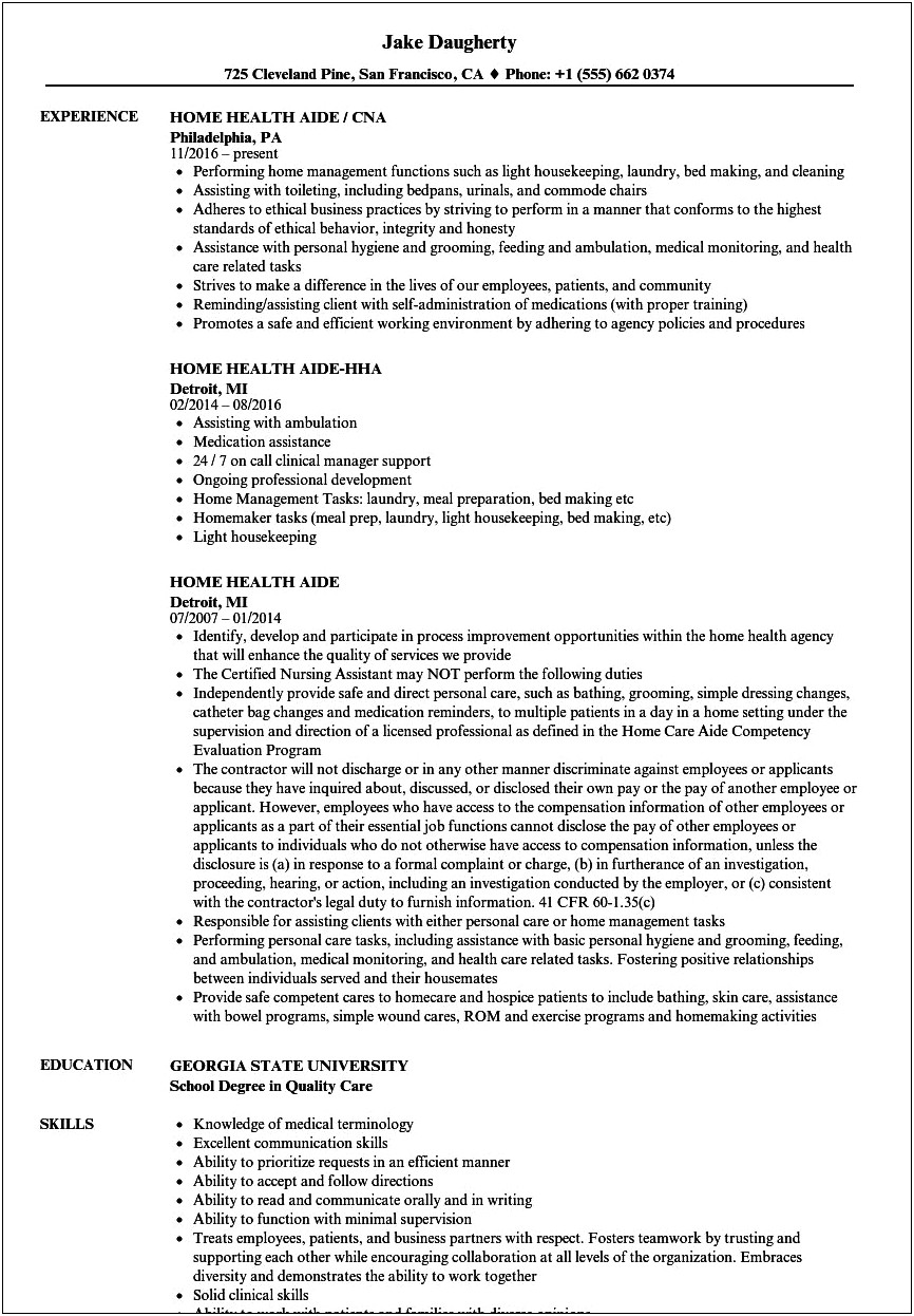 Resume Objective For Home Health Aide
