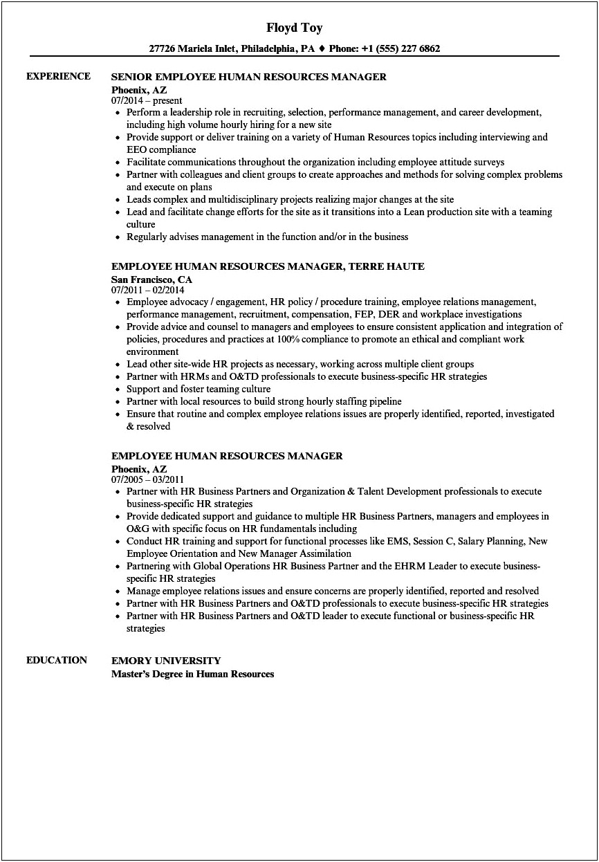 Resume Objective For Human Resource Manager