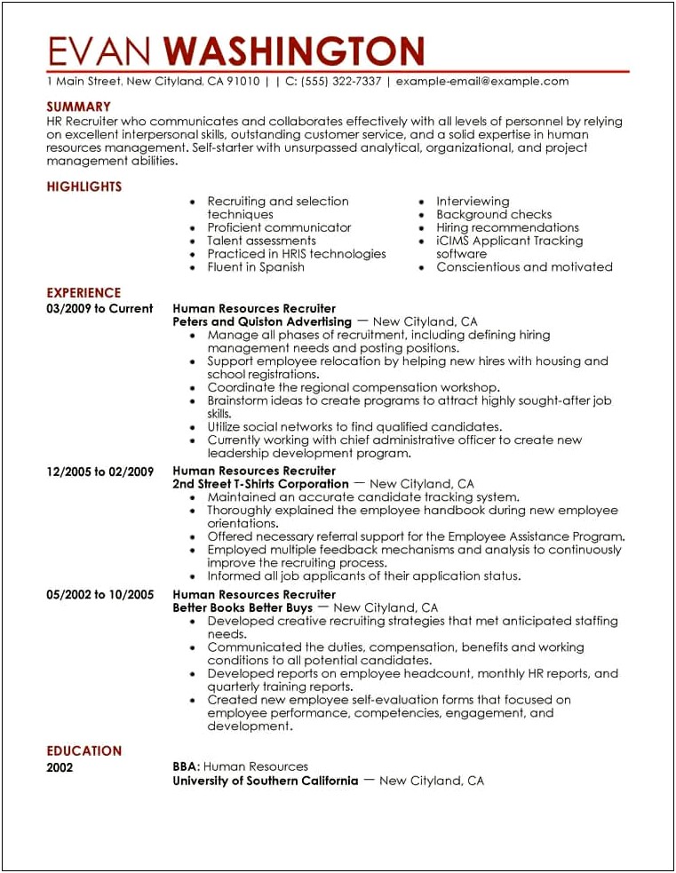 Resume Objective For Human Resources Recruiter