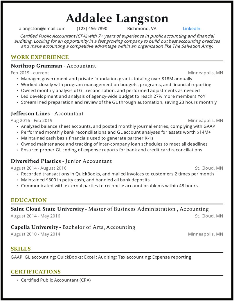Resume Objective For Internship In Accounting