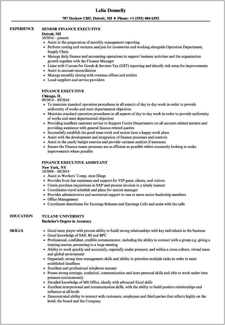 Resume Objective For Job In Finance