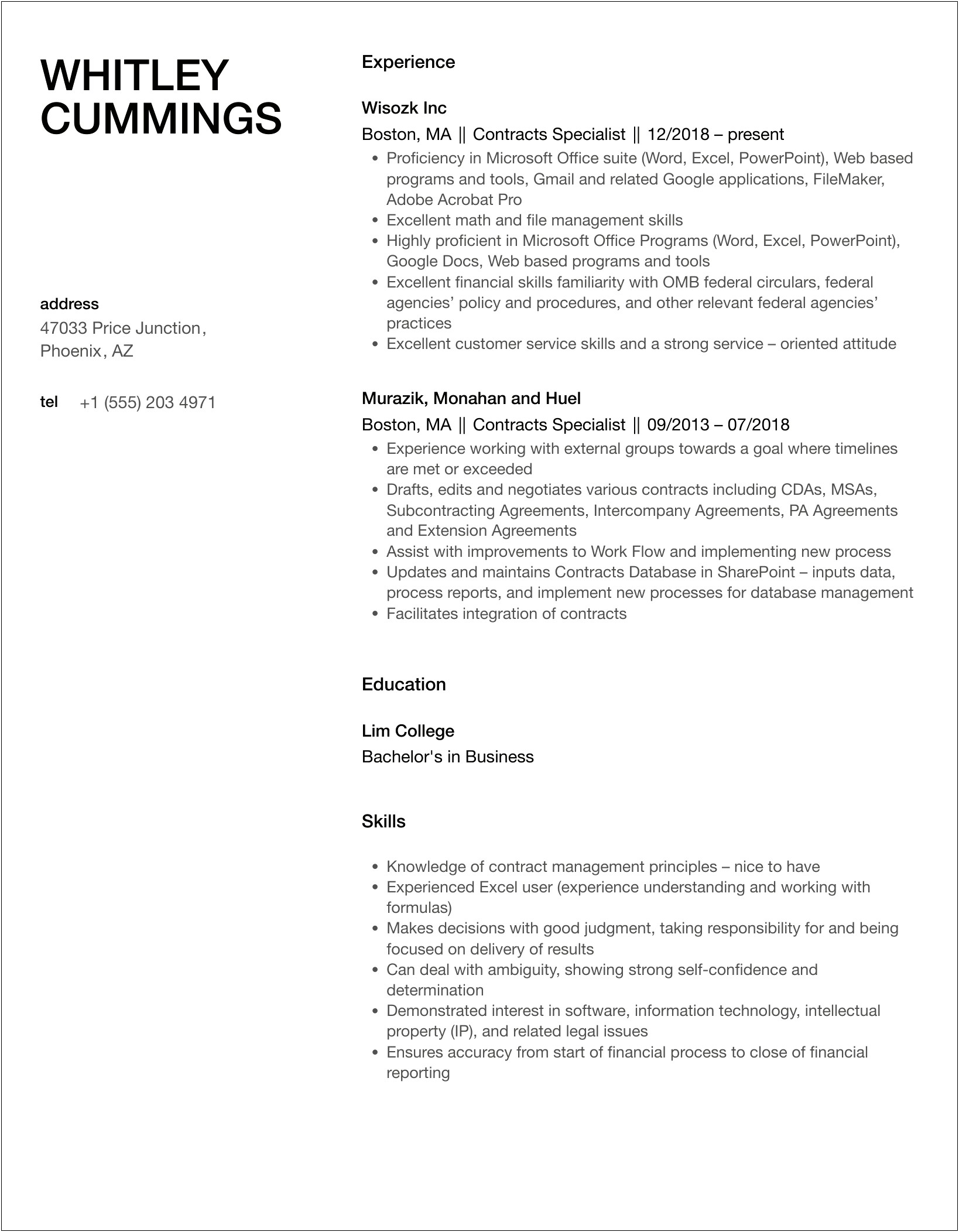 Resume Objective For Legal Contract Specialist