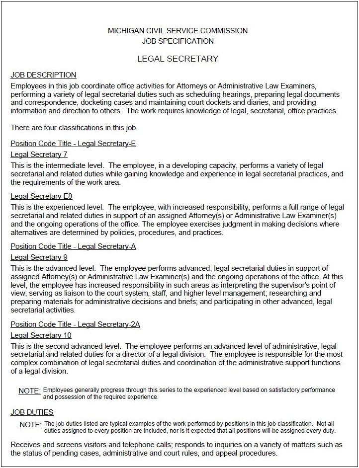 Resume Objective For Legal Secretary Position