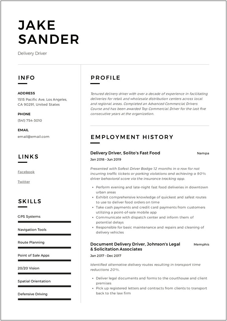 Resume Objective For Meal Delivery Driver