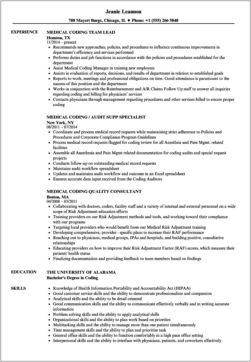 Resume Objective For Medical Coding Entry Level