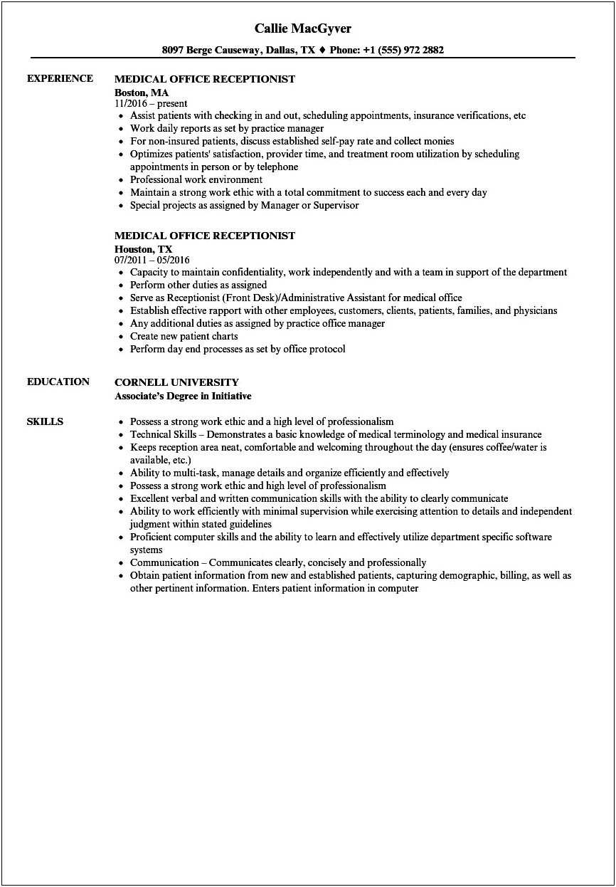 Resume Objective For Medical Office Specialist