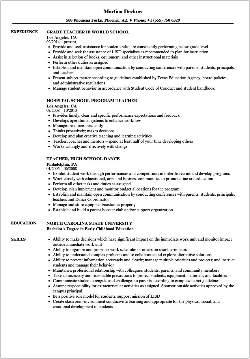 Resume Objective For Middle School Teacher