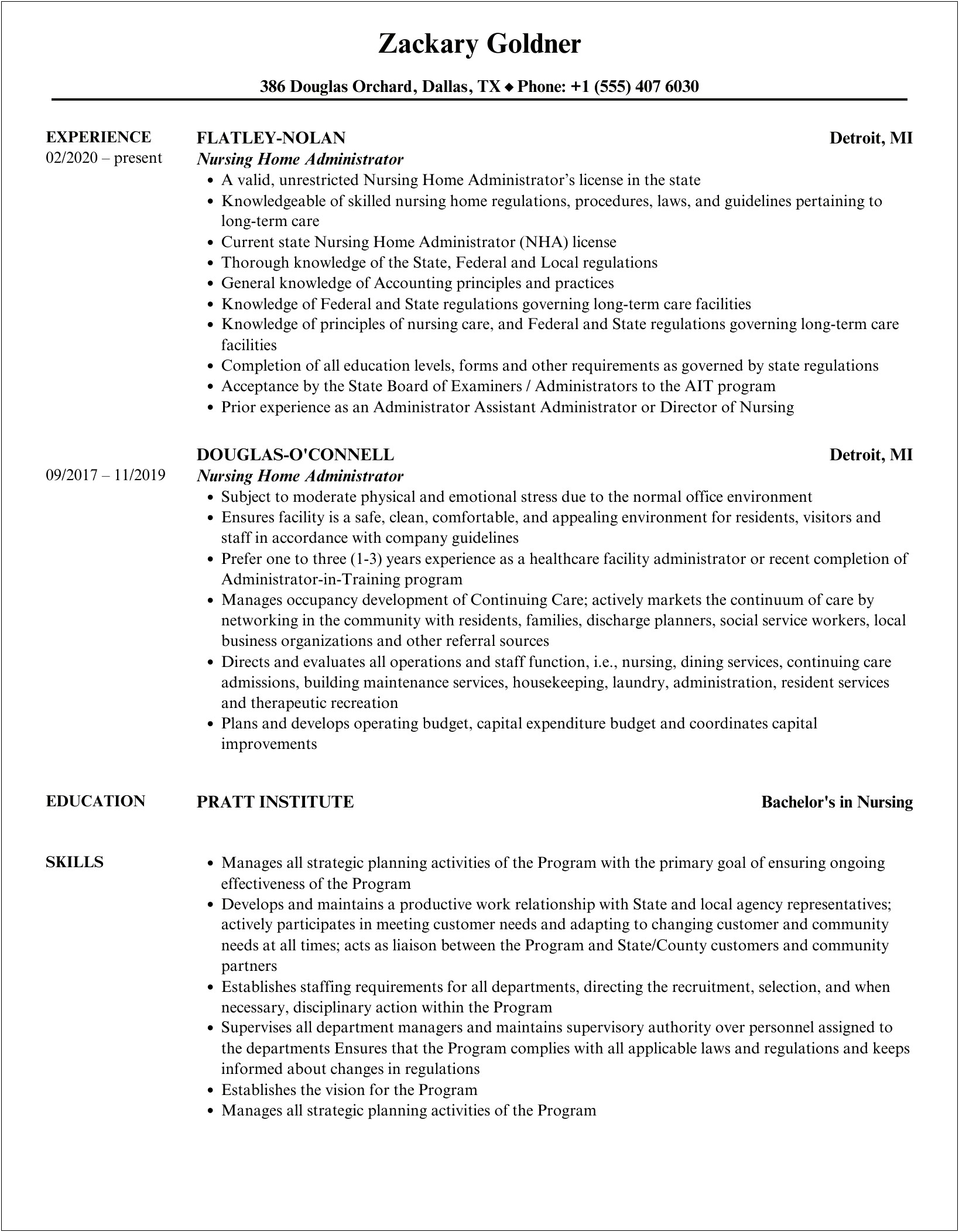 Resume Objective For Nursing Home Administrator
