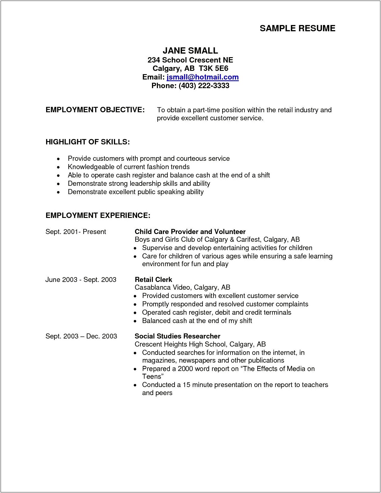 Resume Objective For Part Time College Student