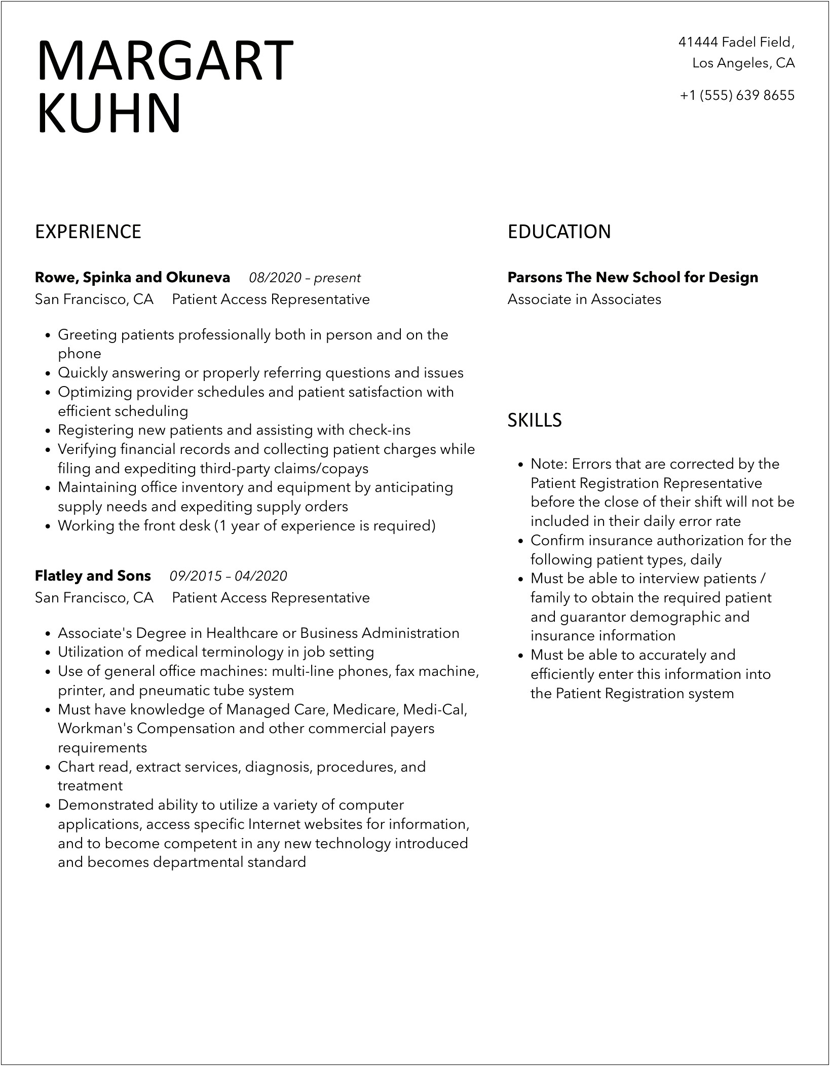 Resume Objective For Patient Access Representative