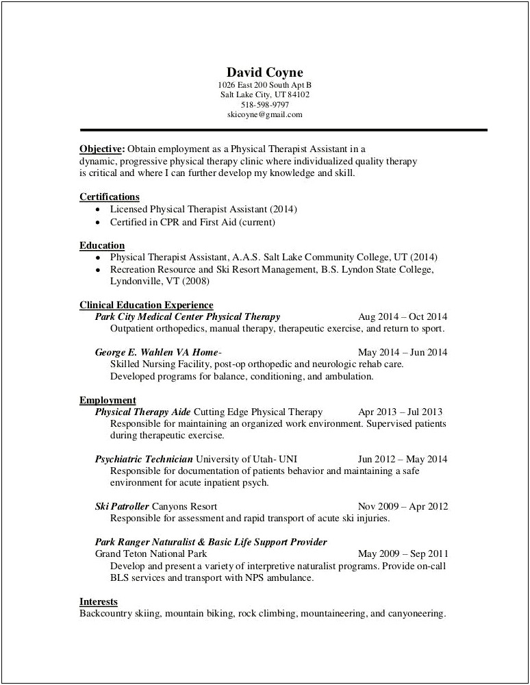 Resume Objective For Physical Therapy Aide