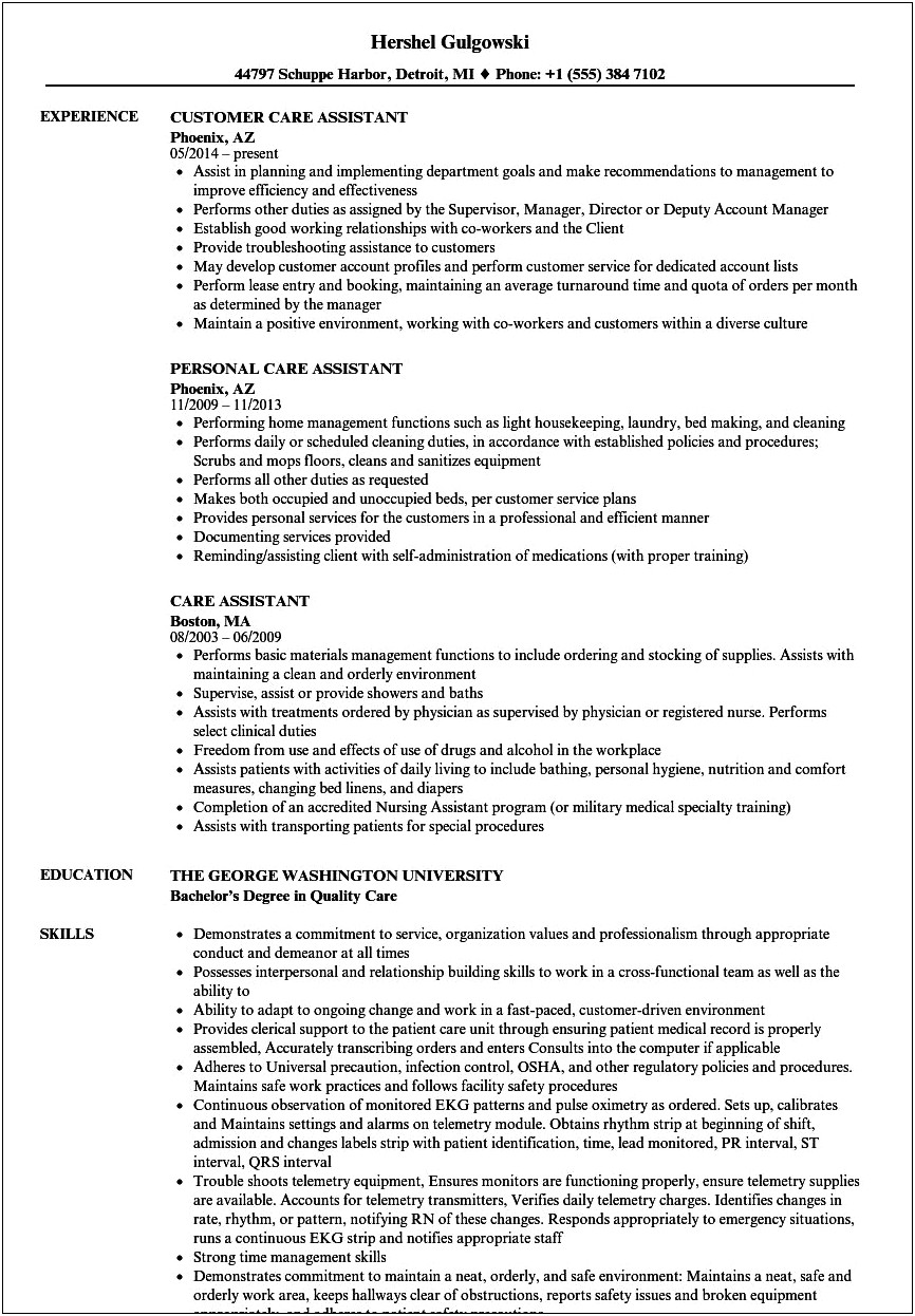 Resume Objective For Resident Care Assistant