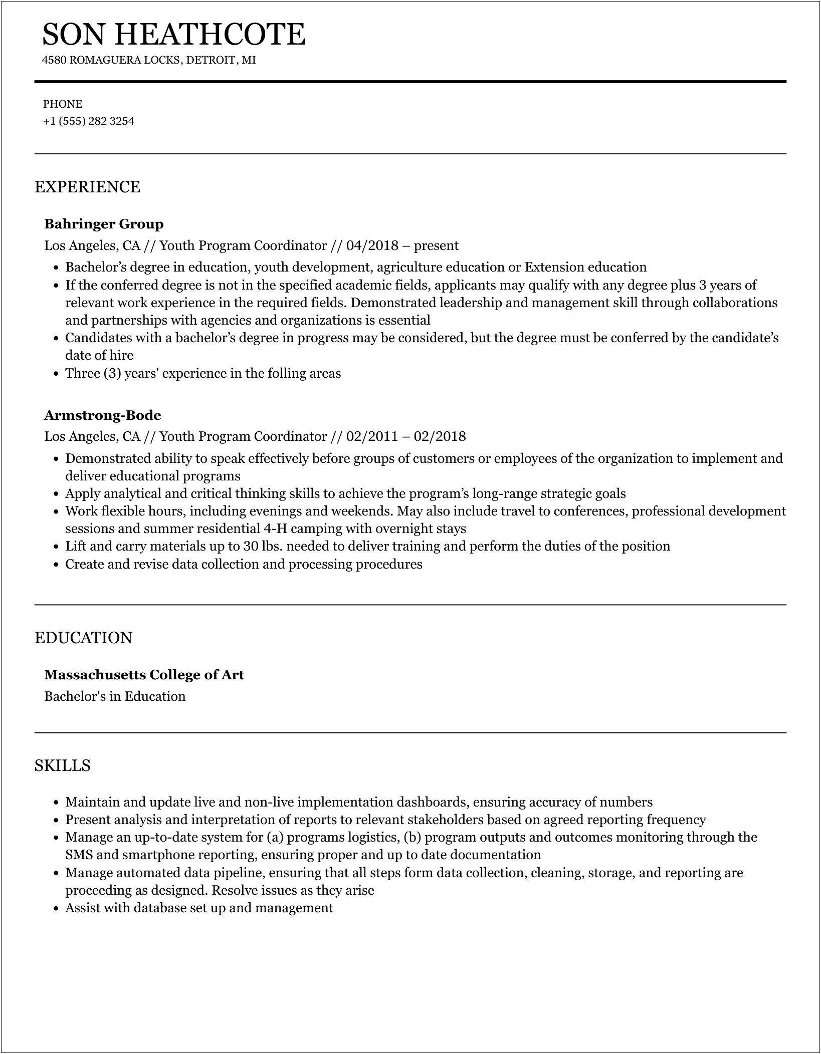 Resume Objective For Youth Program Coordinator