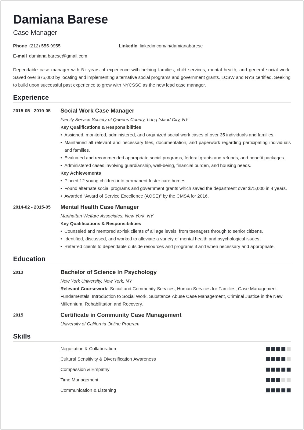 Resume Objective Sample For Case Manager