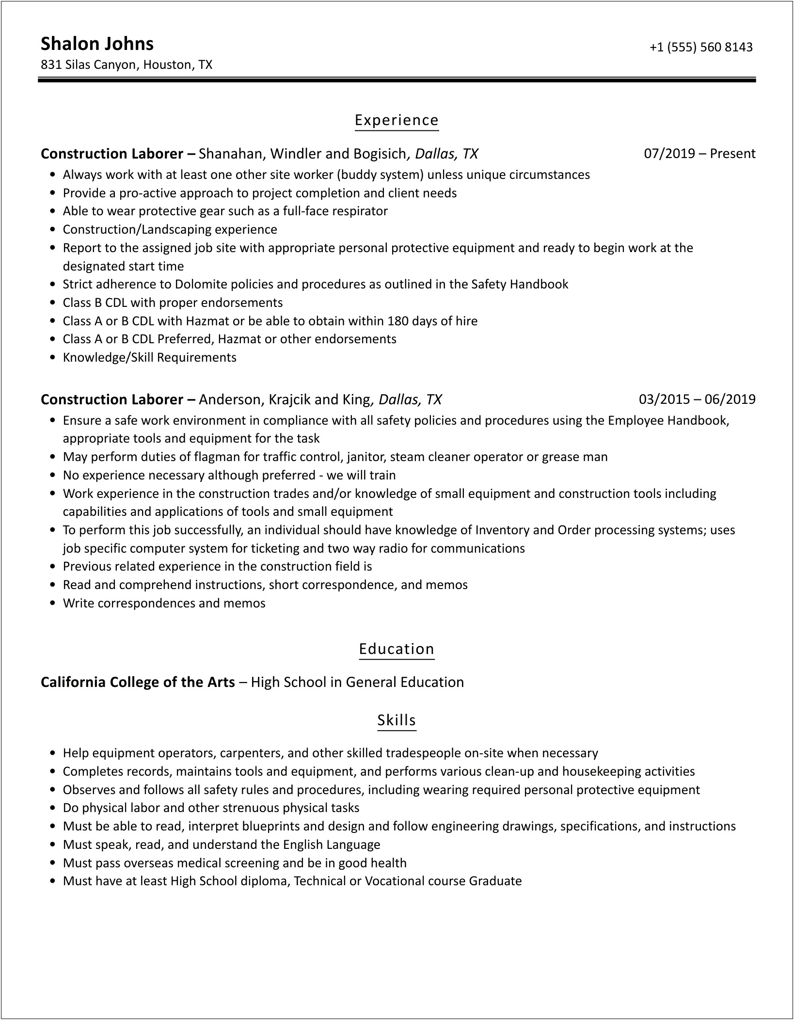 Resume Objective Sample For Construction Laborer