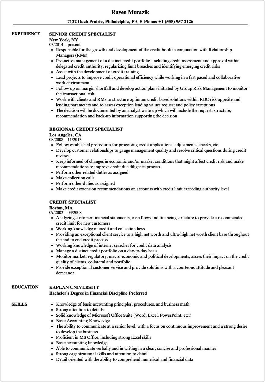 Resume Objective Sample For Credit Union