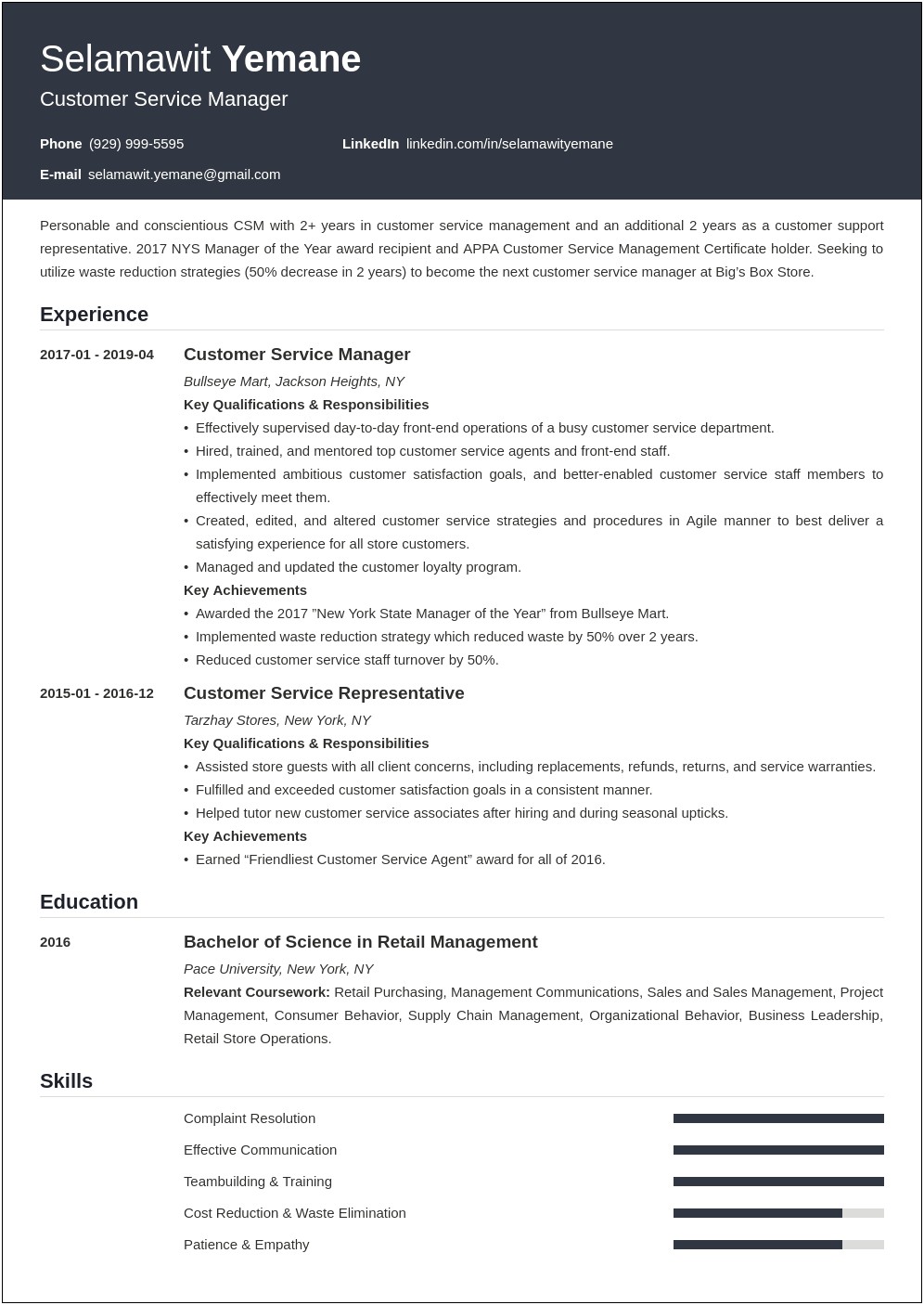 Resume Objective Satements Lower Level Management Customer Relations