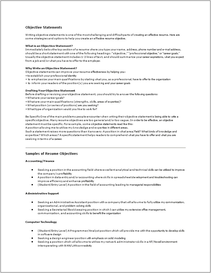 Resume Objective Statement Examples For Entry Level