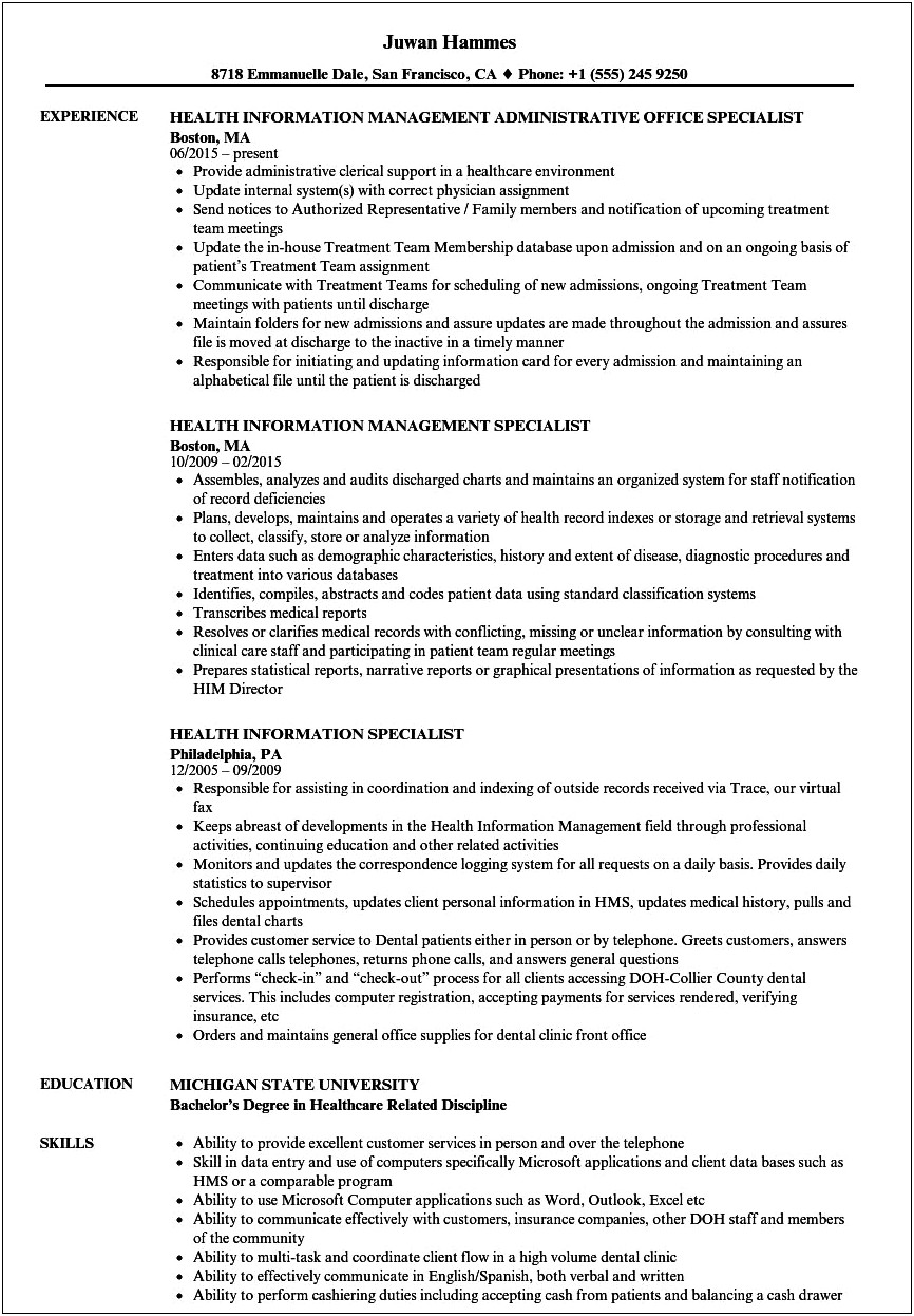 Resume Objective Statement Examples For Health Information Management