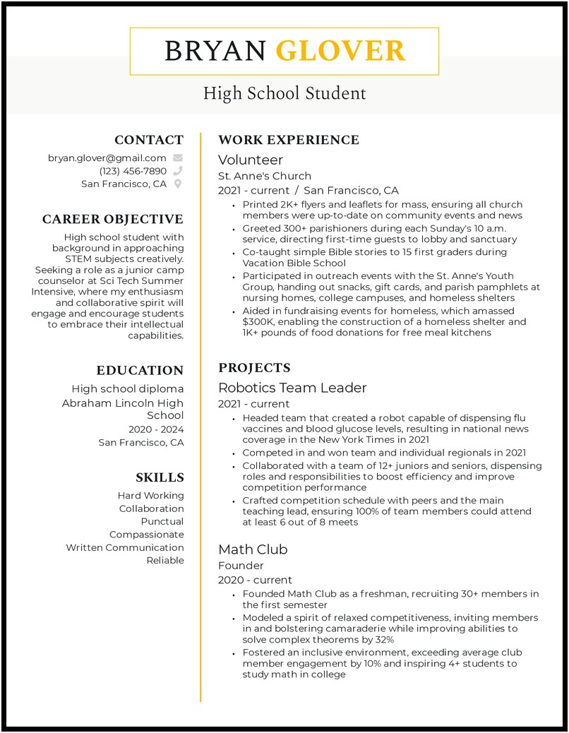 Resume Objective Statement Examples For Highschool Students