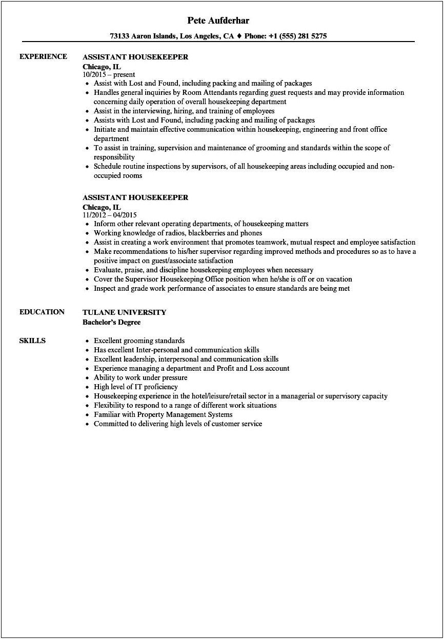 Resume Objective Statement Examples For Housekeeping