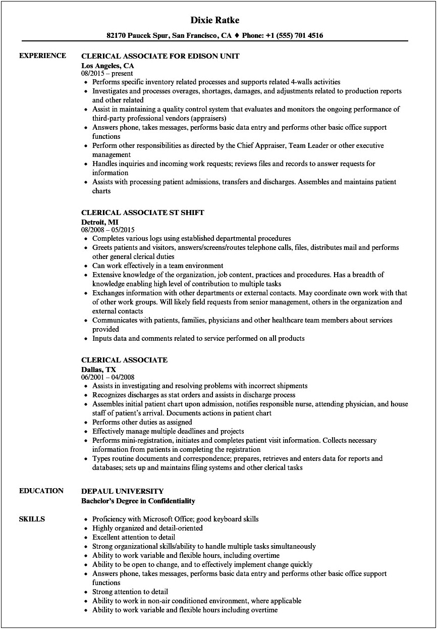 Resume Objective Statement For Clerical Position