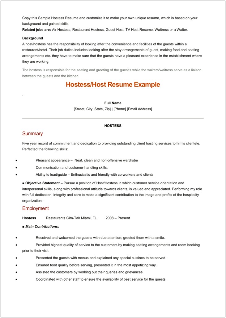 Resume Objective Statement For Restaurant Job