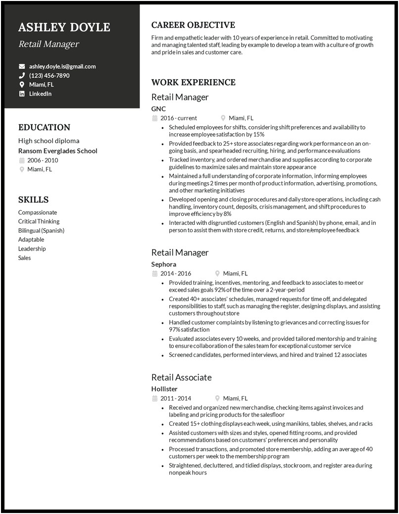 Resume Objective Statement For Retail Management