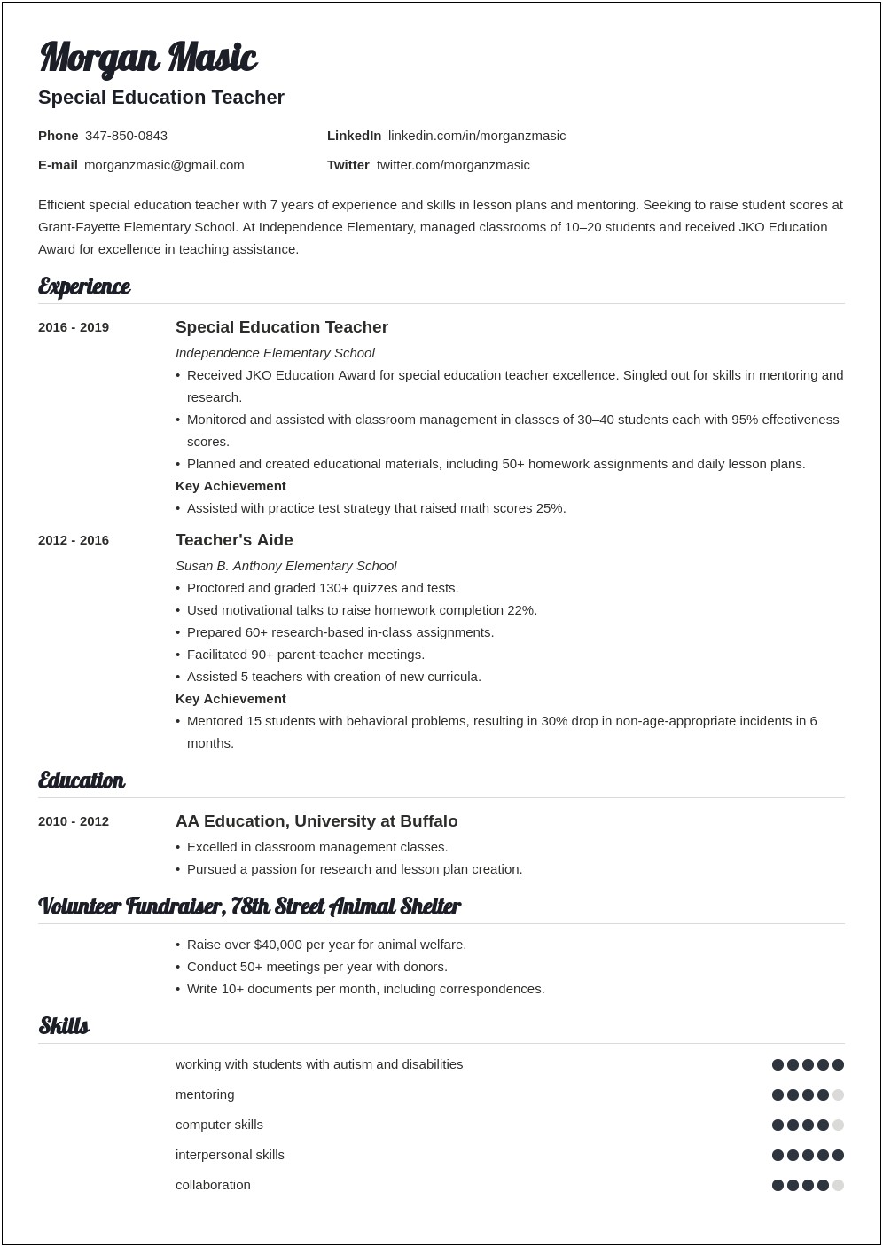 Resume Objective Statement Special Education Teacher