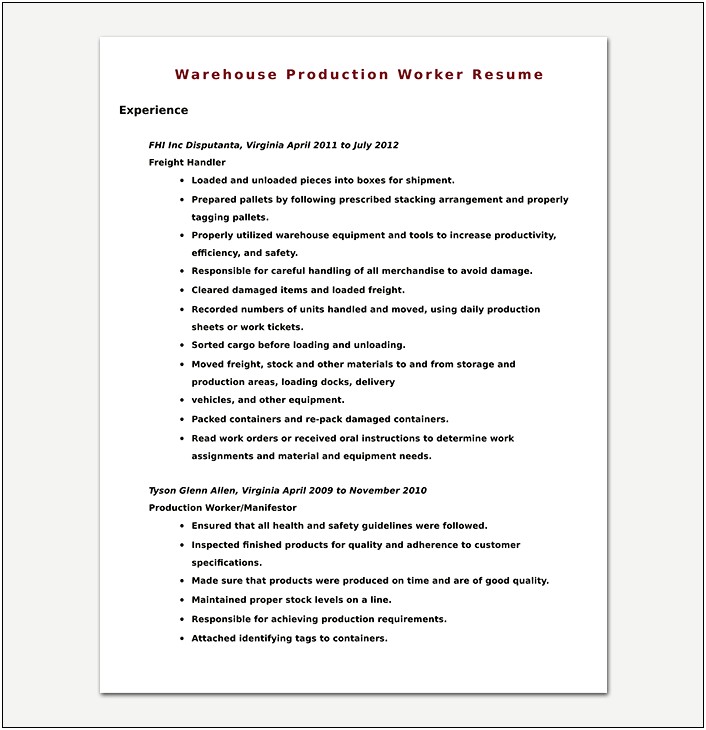 Resume Objective Statements For Factory Work