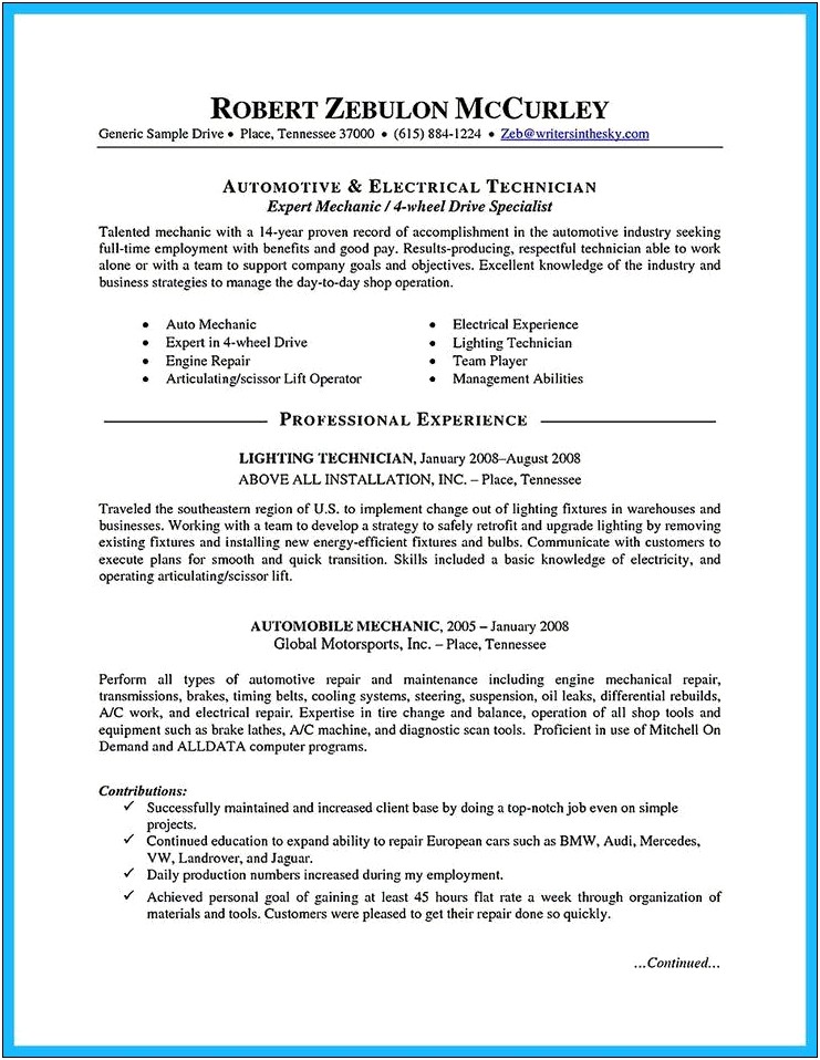 Resume Objective Statements For Mechanical Technician