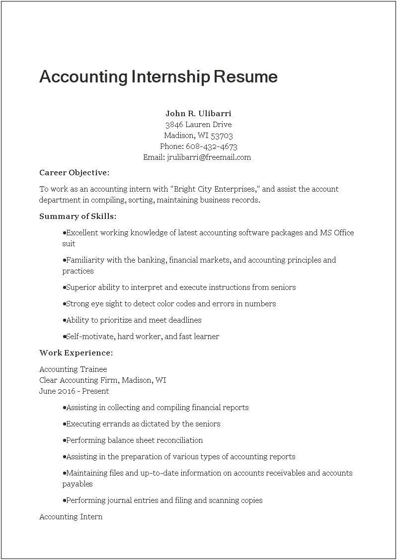 Resume Objectives For An Accounting Internship