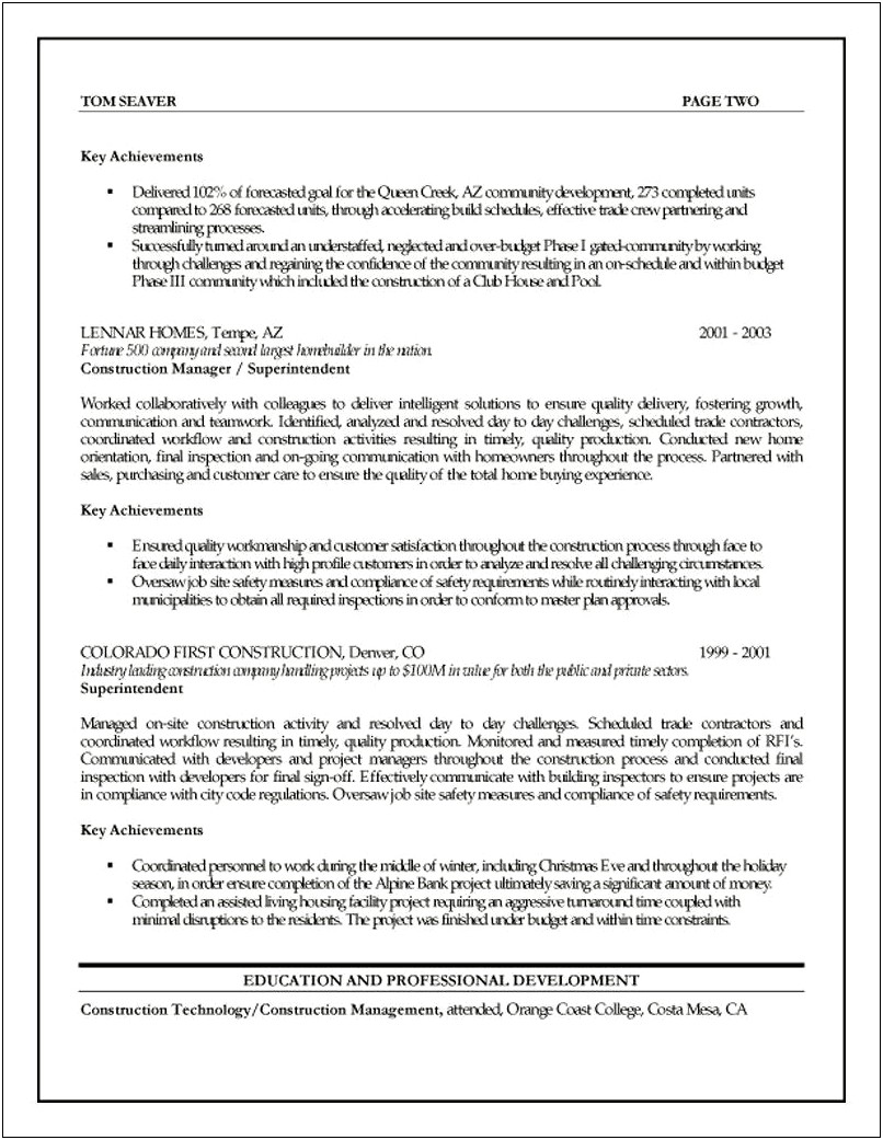 Resume Objectives For Construction Management Positions