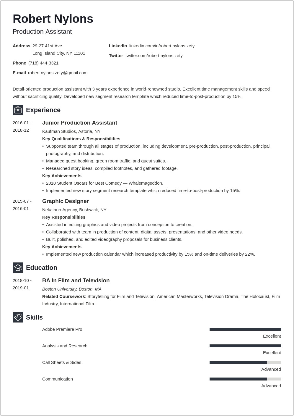 Resume Objectives For Film Production Assistant