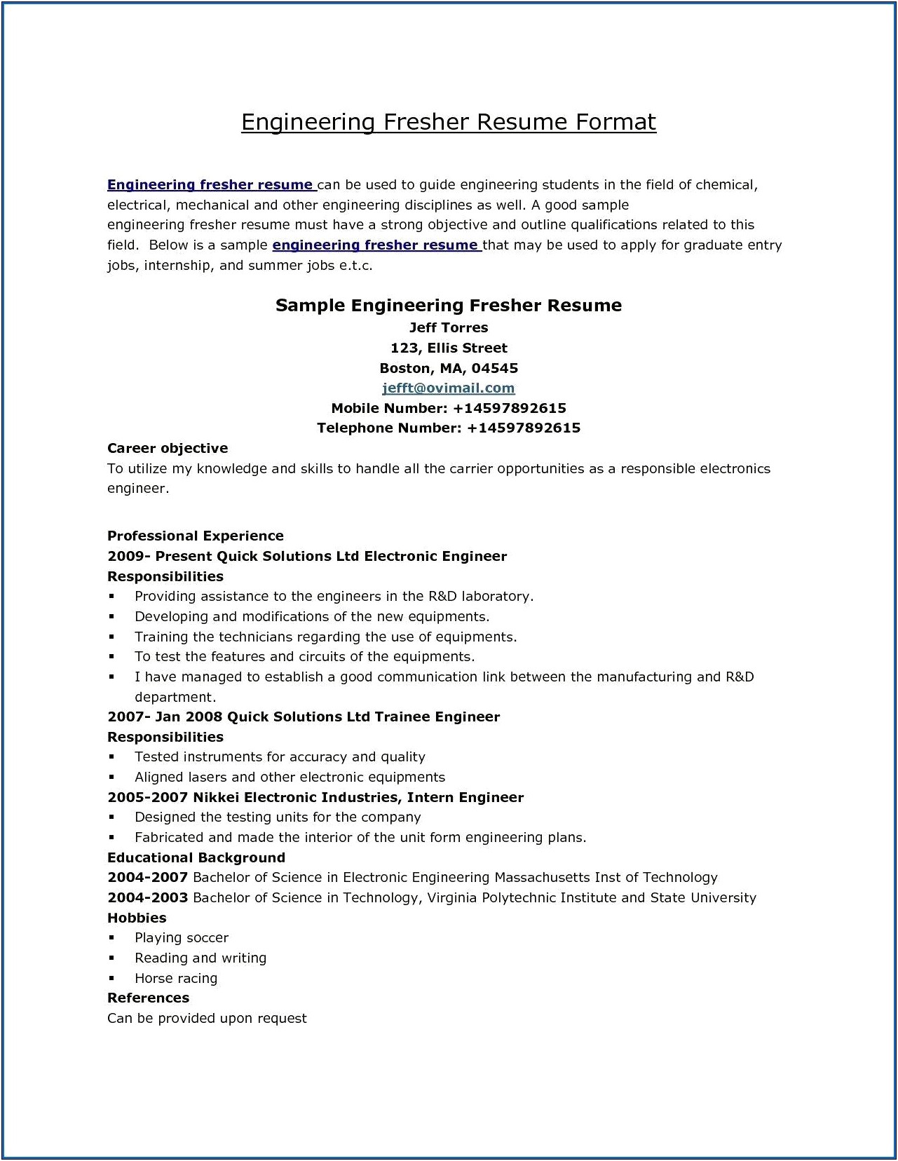 Resume Objectives For Mechanical Engineering Freshers