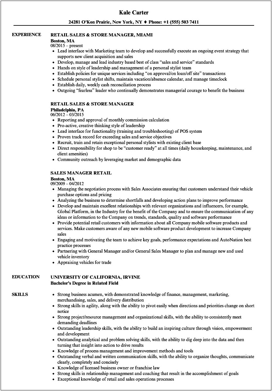 Resume Objectives For Retail Store Manager Position